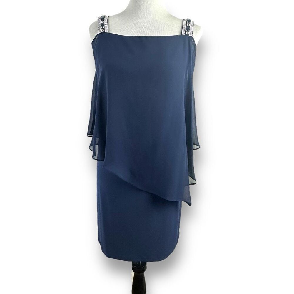 MSK Women's L Petite Rhinestone Strap Chiffon Blouson Layered Dress Navy Blue